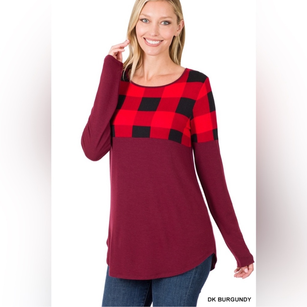 Zenana Womens Holiday Top Red Black Expresso Medium Buffalo Plaid Pullover NEW